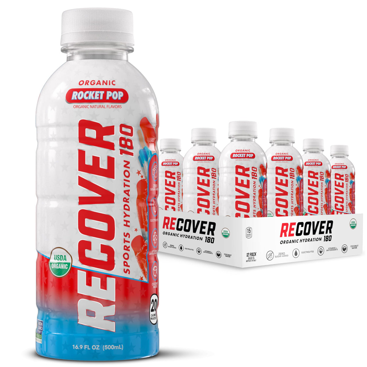 RECOVER 180 Organic Sports Hydration Drink – No Sugar Added, 20 Cal, 16.9 fl oz Pack of 12, Rocket Pop