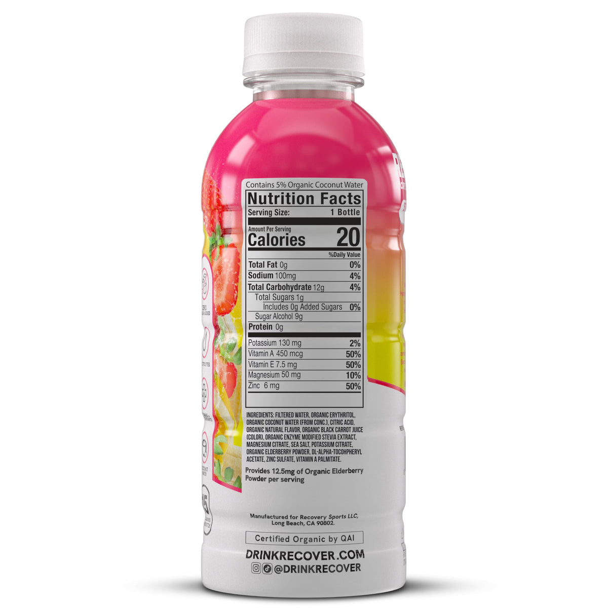 RECOVER 180 Organic Sports Hydration Drink – No Sugar, 20 Cal, Strawberry Banana (12-Pack)