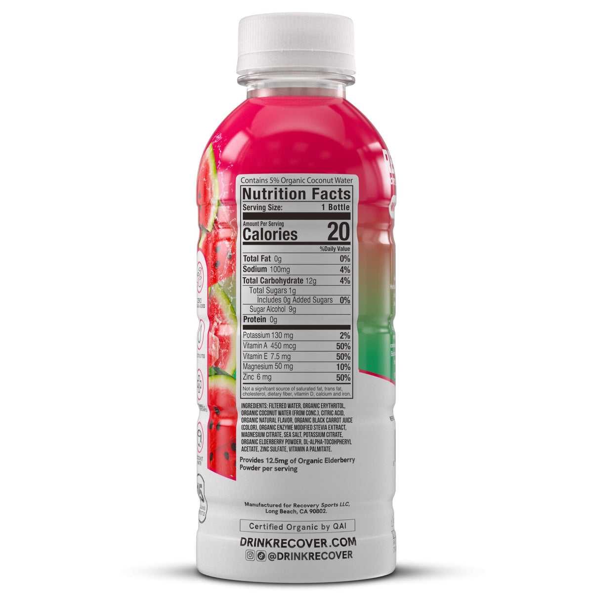 RECOVER 180 Organic Sports Hydration – Watermelon, No Sugar Added, 20 Calories (16.9 oz, 12-Pack)