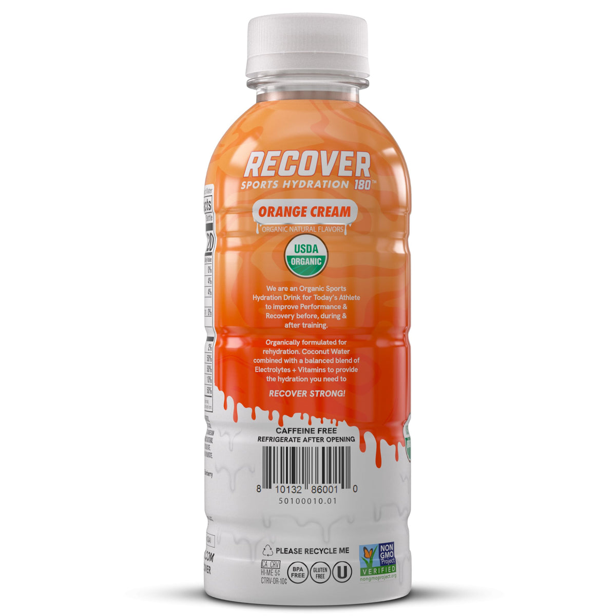 RECOVER 180 Organic Sports Hydration Drink – No Sugar Added, 20 Calories, Potassium-Packed Electrolytes, Orange Cream, 16.9 oz Pack of 12