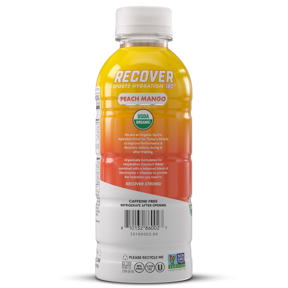RECOVER 180 Organic Sports Hydration Drink – No Sugar Added, 20 Cal, Peach Mango (Pack of 12)