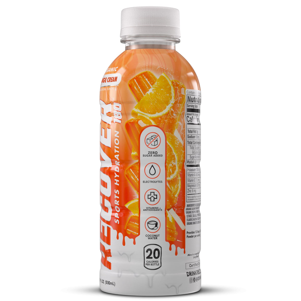 RECOVER 180 Organic Sports Hydration Drink – No Sugar Added, 20 Calories, Potassium-Packed Electrolytes, Orange Cream, 16.9 oz Pack of 12