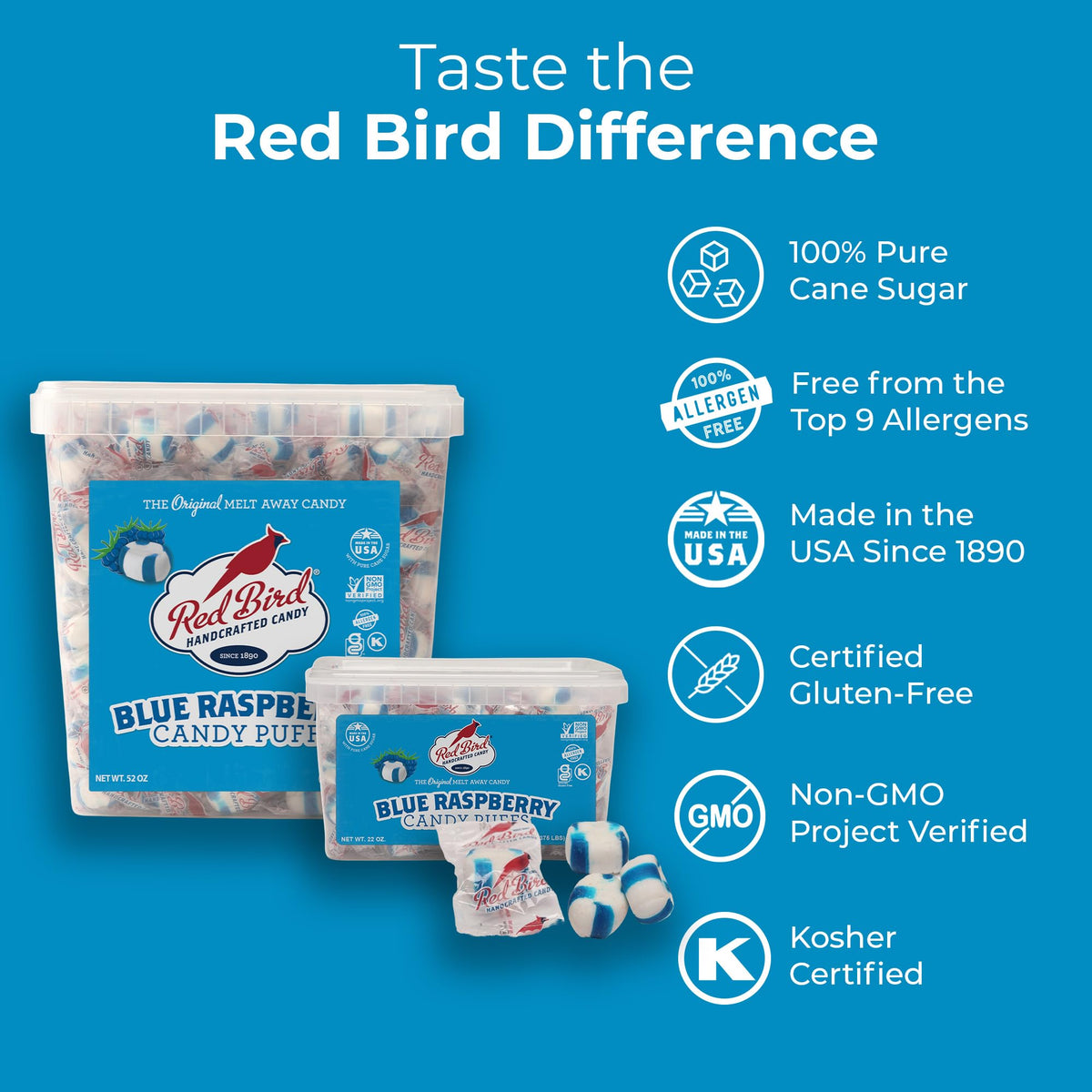 Red Bird Blue Raspberry Candy Puffs – 52 oz Tub, Individually Wrapped