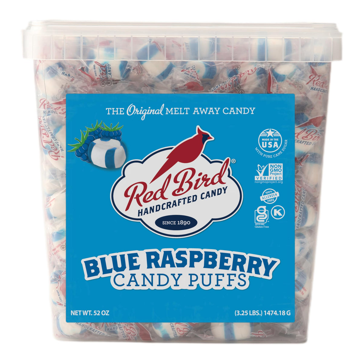 Red Bird Blue Raspberry Candy Puffs – 52 oz Tub, Individually Wrapped