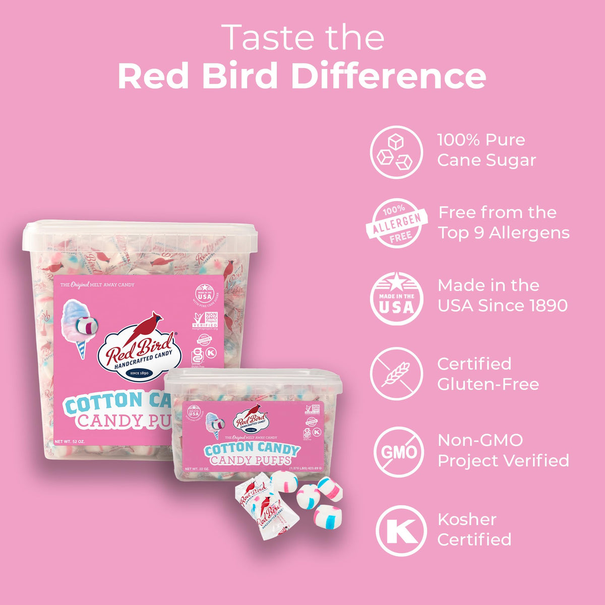 Red Bird Cotton Candy Flavored Candy Puff Mints – 52 oz Tub, Individually Wrapped, USA Made
