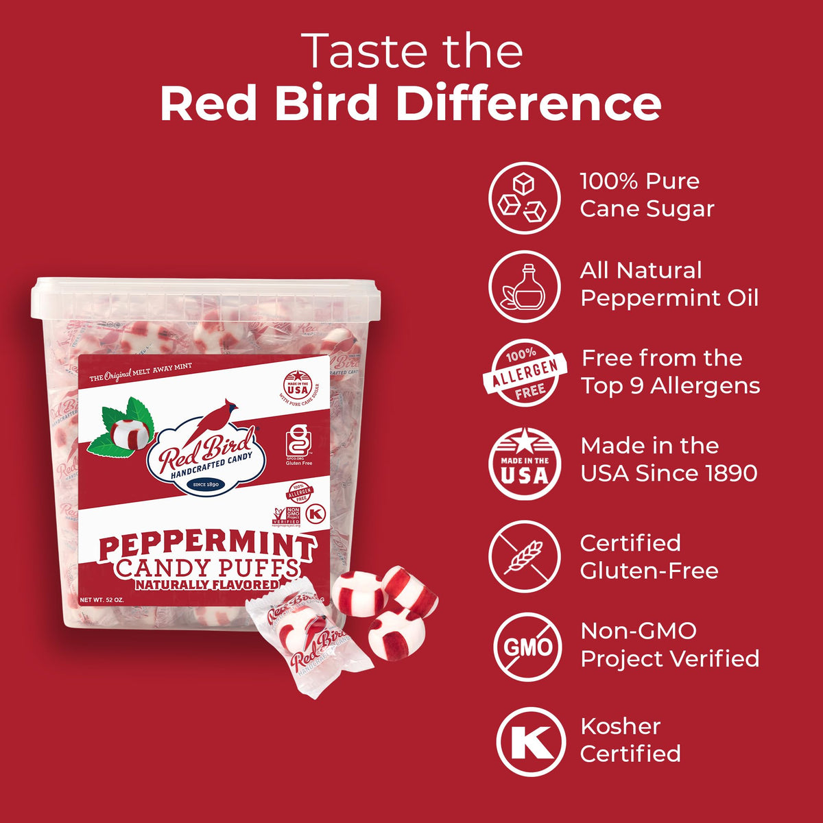 Red Bird Soft Peppermint Puffs Candy — Individually Wrapped Soft Mint, 52 oz Tub