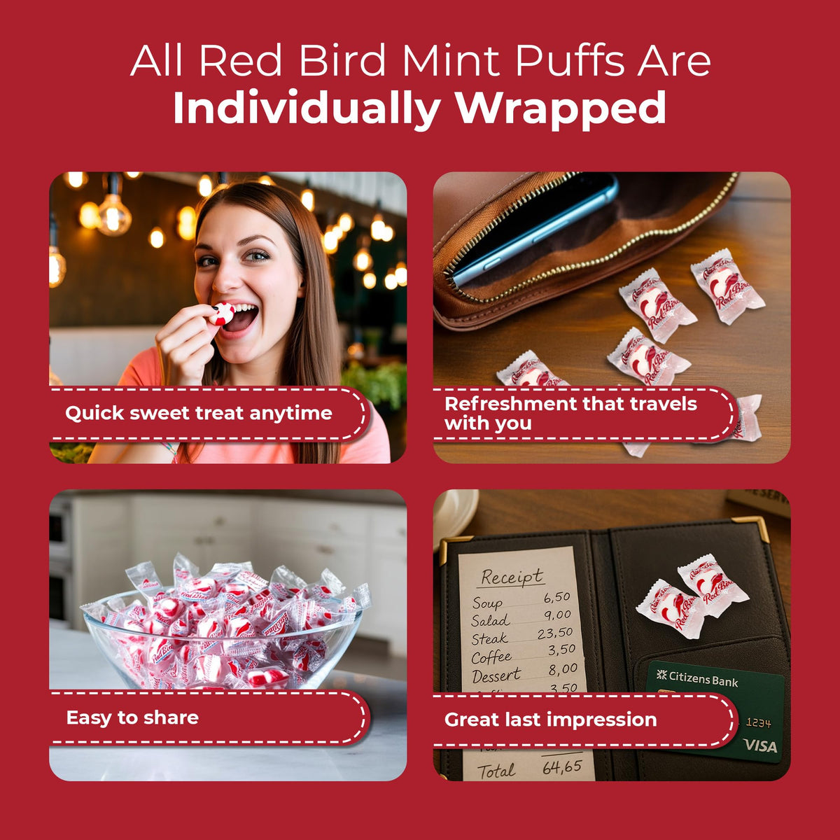 Red Bird Soft Peppermint Puffs Candy — Individually Wrapped Soft Mint, 52 oz Tub