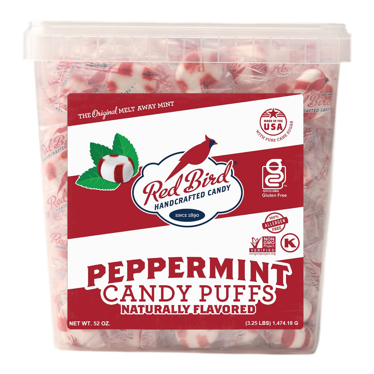 Red Bird Soft Peppermint Puffs Candy — Individually Wrapped Soft Mint, 52 oz Tub
