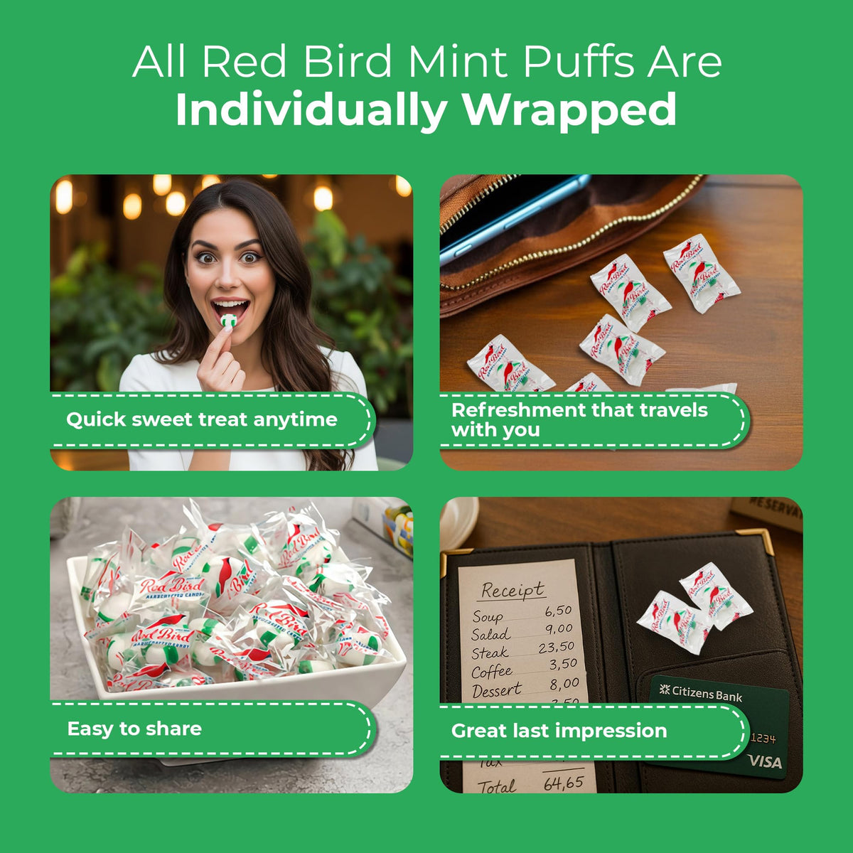 Red Bird Wintergreen Mints, 52 oz Tub — Gluten Free, Individually Wrapped Candy Puffs