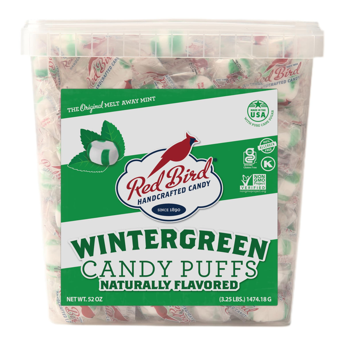 Red Bird Wintergreen Mints, 52 oz Tub — Gluten Free, Individually Wrapped Candy Puffs