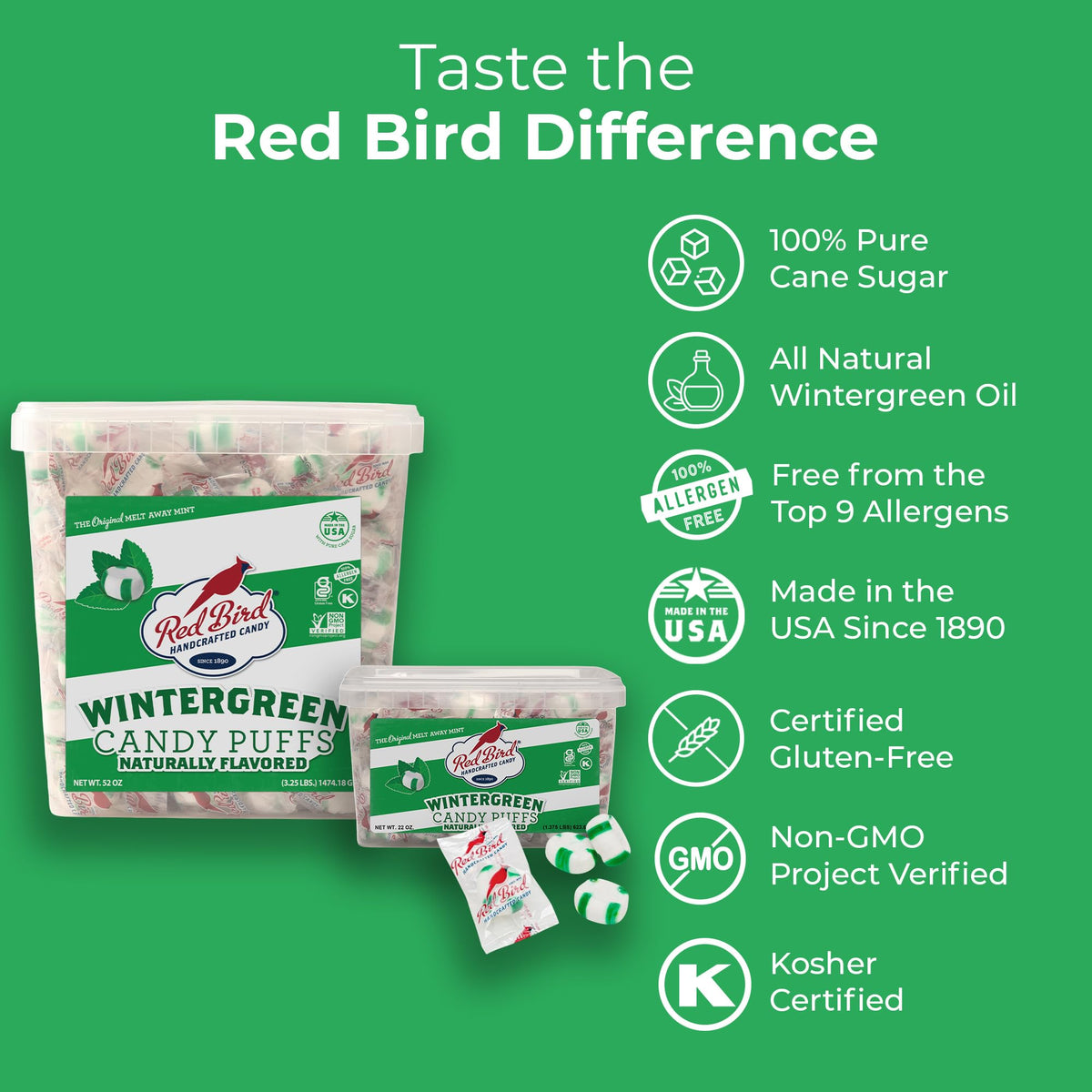 Red Bird Wintergreen Mints, 52 oz Tub — Gluten Free, Individually Wrapped Candy Puffs