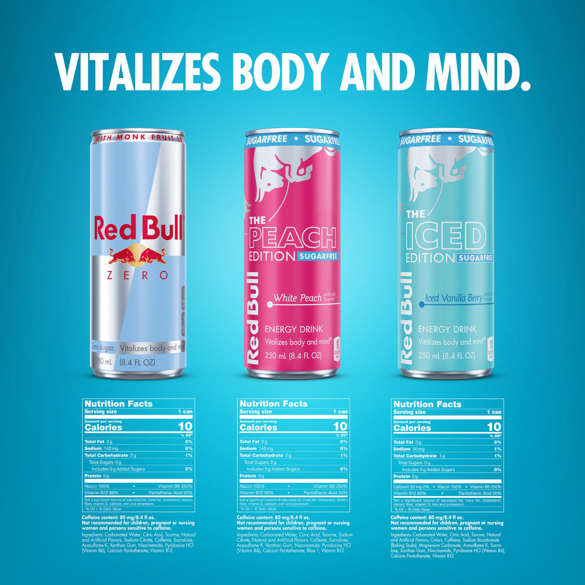 Red Bull Sugarfree Variety Pack – 12 Cans (8.4 fl oz each) | Peach, Iced Vanilla Berry, Zero | 80 mg Caffeine, Taurine & B Vitamins