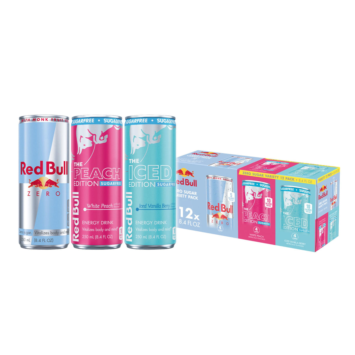 Red Bull Sugarfree Variety Pack – 12 Cans (8.4 fl oz each) | Peach, Iced Vanilla Berry, Zero | 80 mg Caffeine, Taurine & B Vitamins