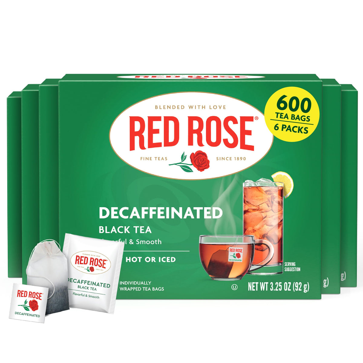 Red Rose Naturally Decaffeinated Black Tea – Smooth Decaf in Bulk, 6-Pack of 48 Bags (Gluten-Free)