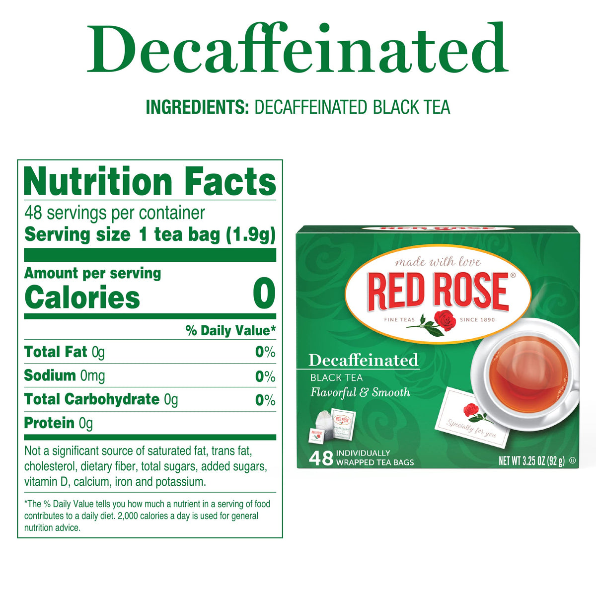 Red Rose Naturally Decaffeinated Black Tea – Smooth Decaf in Bulk, 6-Pack of 48 Bags (Gluten-Free)