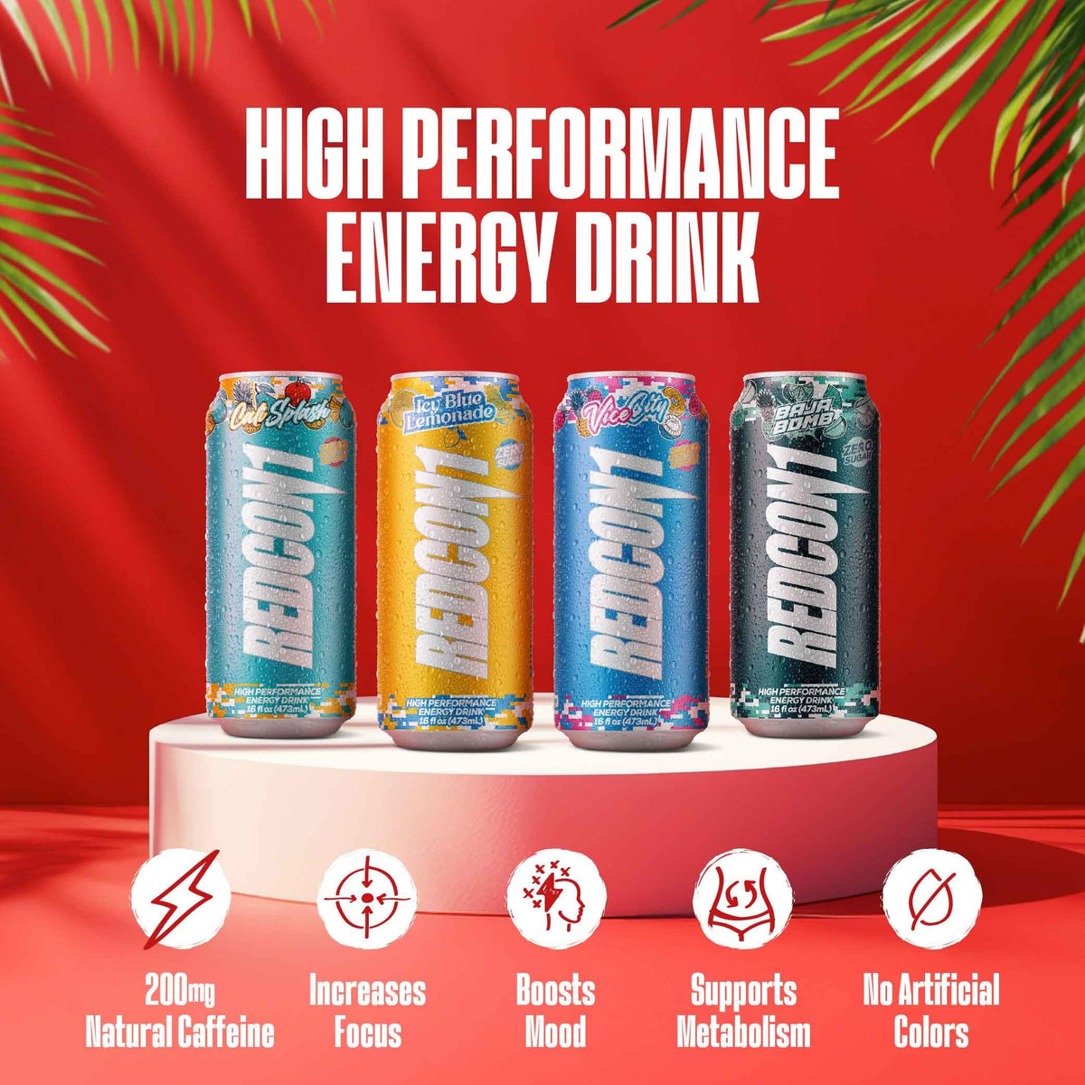 REDCON1 Energy Cali Splash – Zero Sugar Energy Drink with Alpha GPC, 200mg Caffeine, B6/B12/B5 | 12 ct
