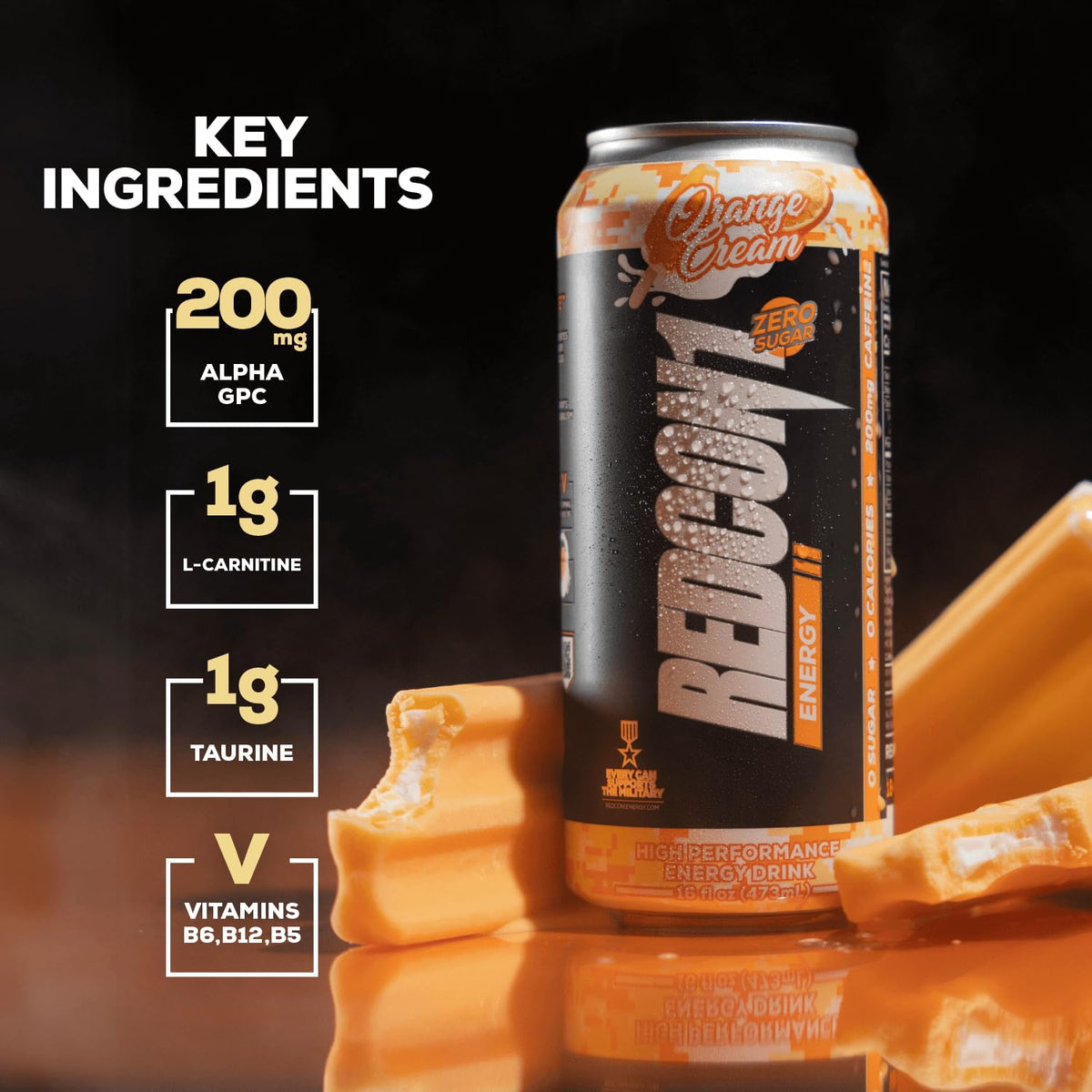 REDCON1 Energy Orange Cream – Zero Sugar High-Performance Drink with Alpha GPC Nootropic & 200mg Caffeine | 12 Ct