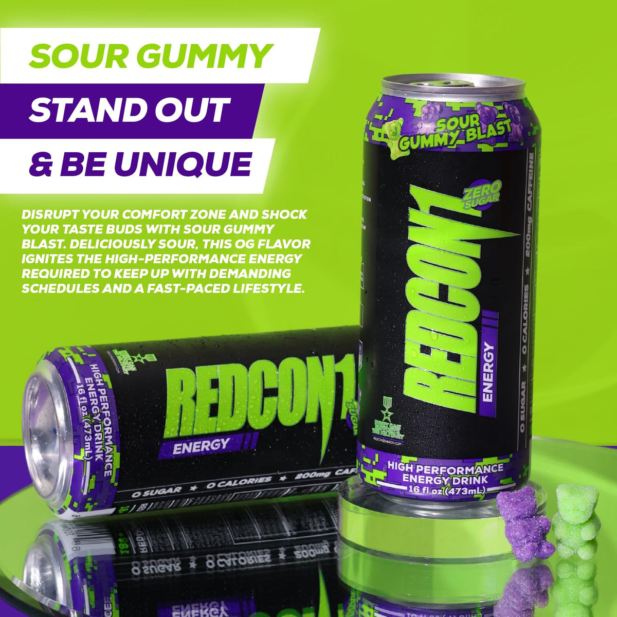 REDCON1 Energy Sour Gummy Blast – Zero Sugar, 200 mg Caffeine, Alpha GPC