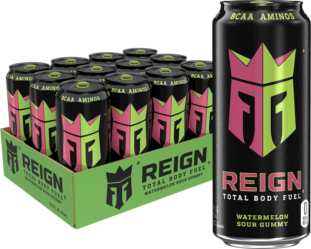 REIGN Total Body Fuel Watermelon Sour Gummy – 16 Fl Oz (Pack of 12) | Ready-to-Drink Performance Drink