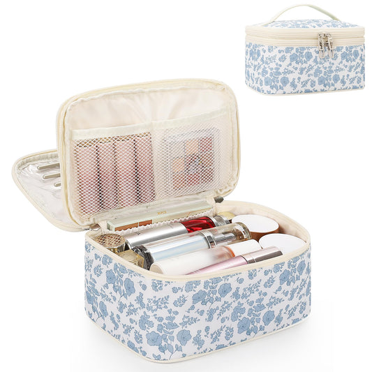 Relavel Travel Makeup Bag, Floral Cosmetic Bag with Brush Compartment