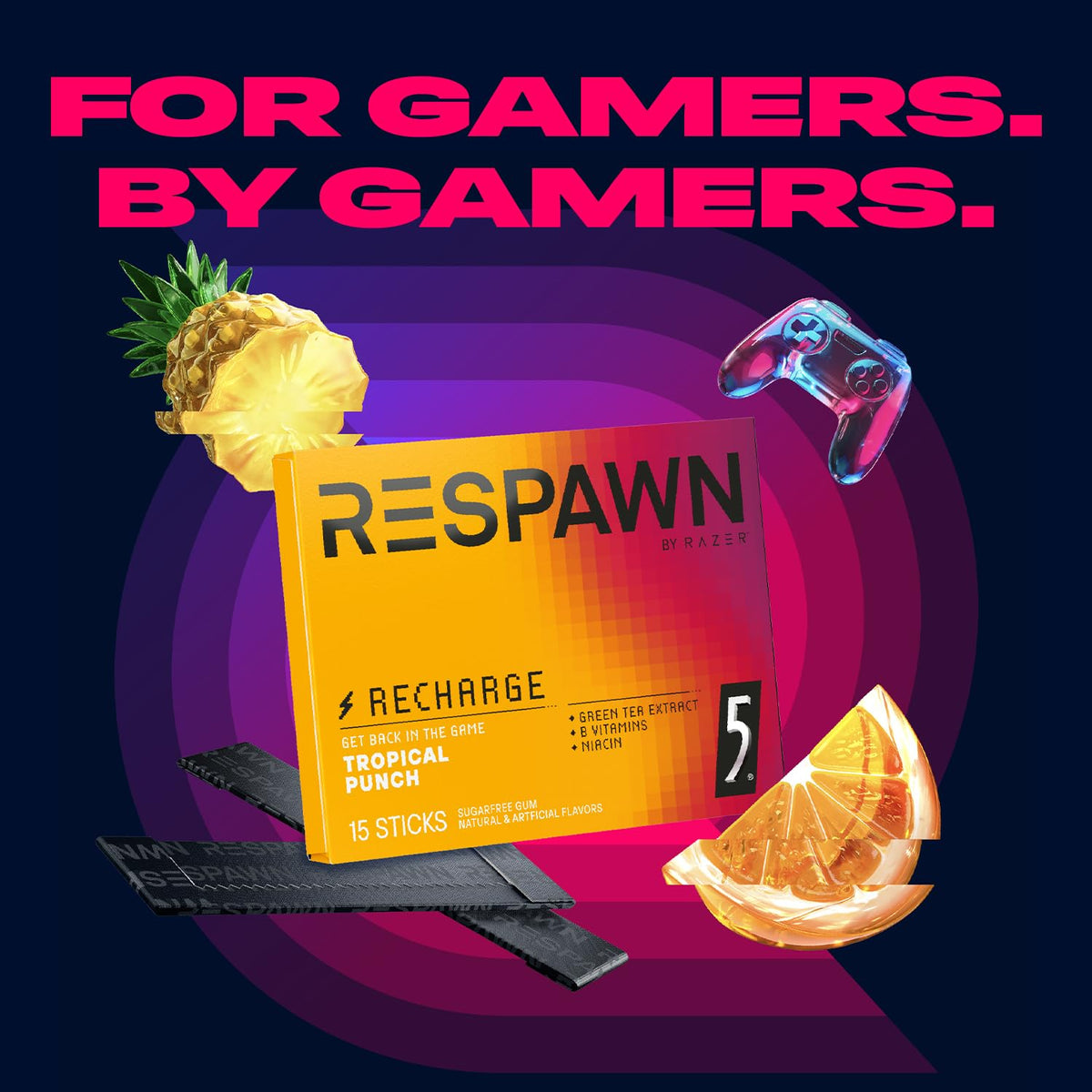 RESPAWN by RAZER Tropical Punch Gum — Sugar-Free Neuro Energy & Focus, 15 Count, Bulk Box