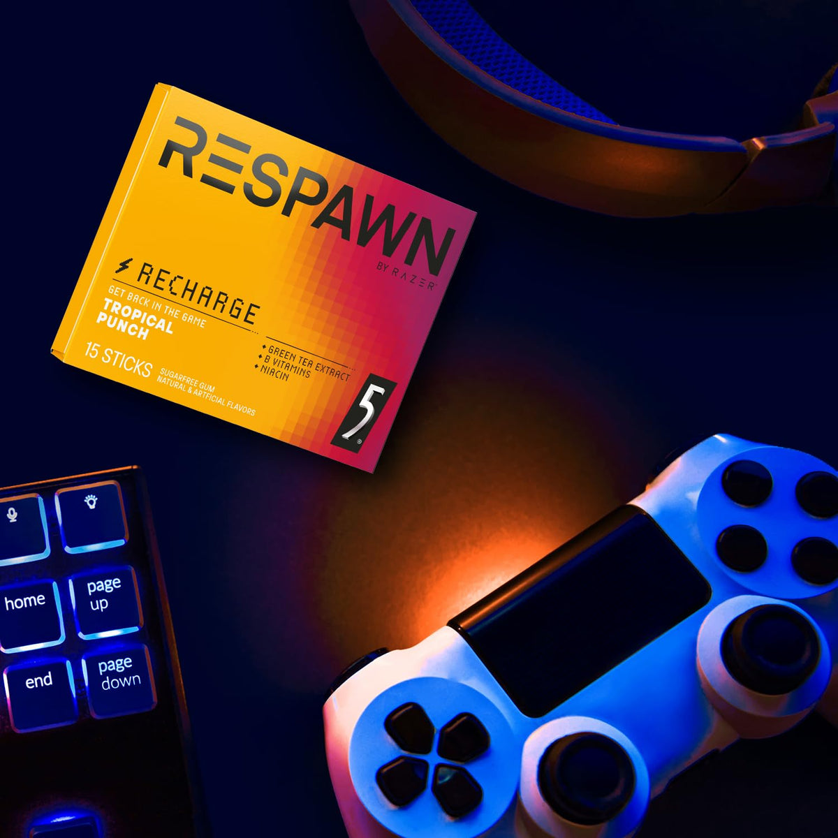 RESPAWN by RAZER Tropical Punch Gum — Sugar-Free Neuro Energy & Focus, 15 Count, Bulk Box