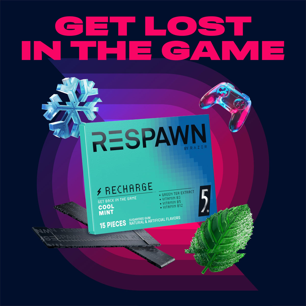 RESPAWN by RAZER Energy & Focus Gum – Cool Mint, Sugar-Free, 10 Pack Bulk