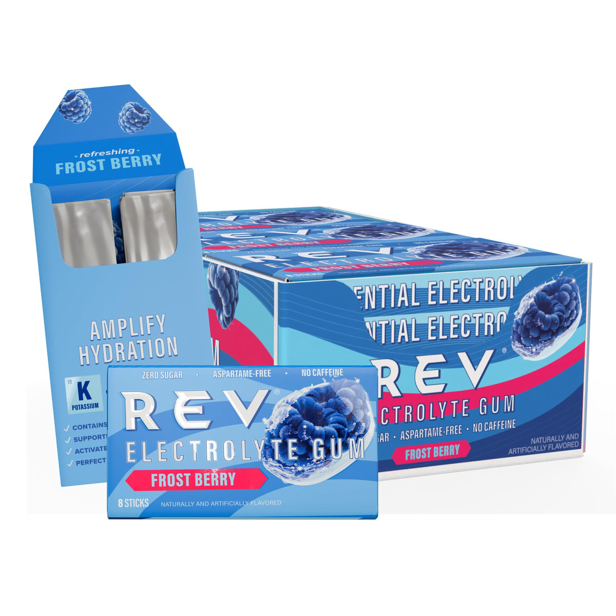 REV Electrolyte Gum Frost Berry – Sugar-Free, 12 Pack (96 Sticks)