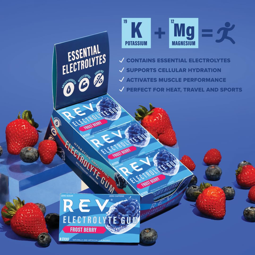 REV Electrolyte Gum Frost Berry – Sugar-Free, 12 Pack (96 Sticks)