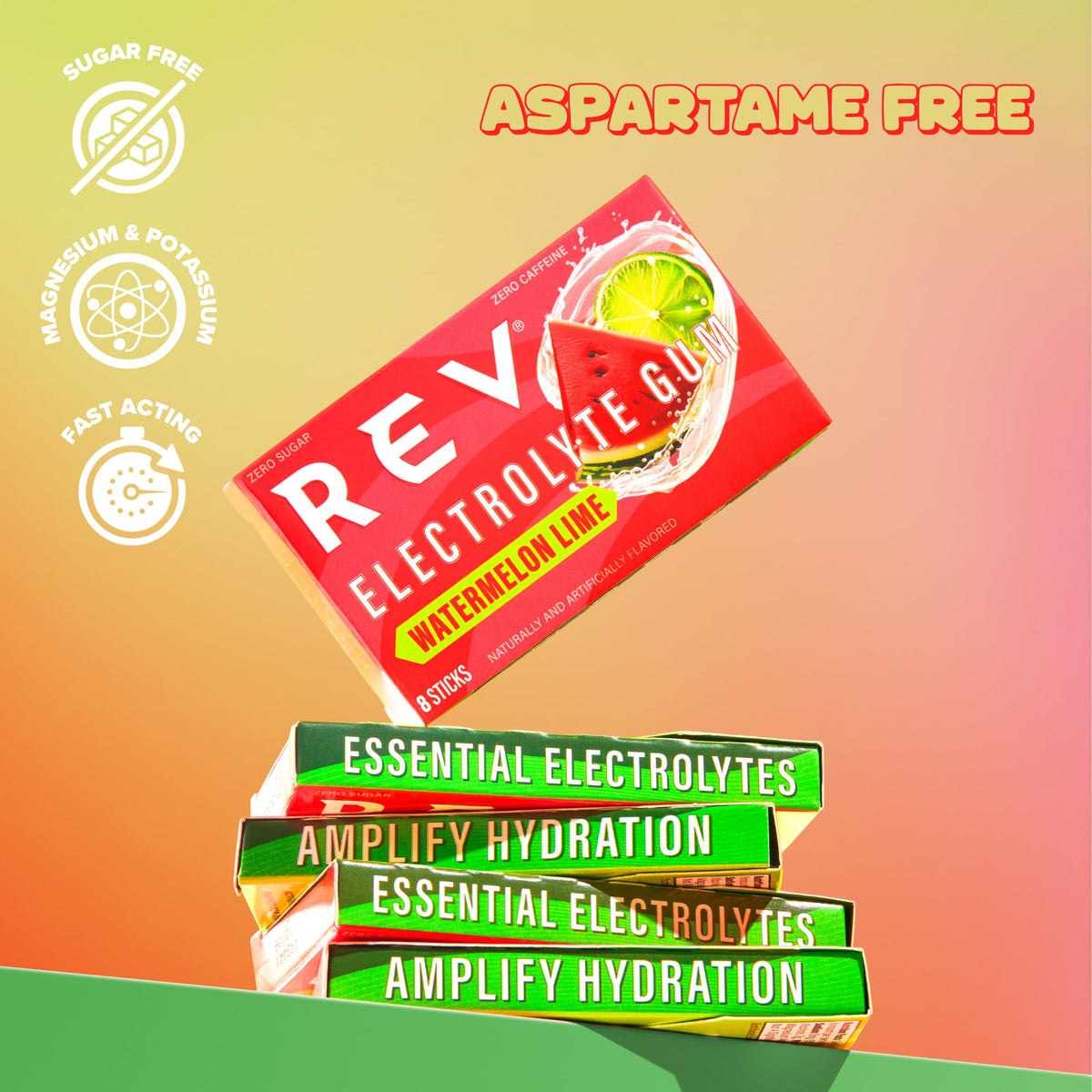 REV Electrolyte Gum Watermelon Lime – Sugar-Free with Essential Electrolytes (12-Count)