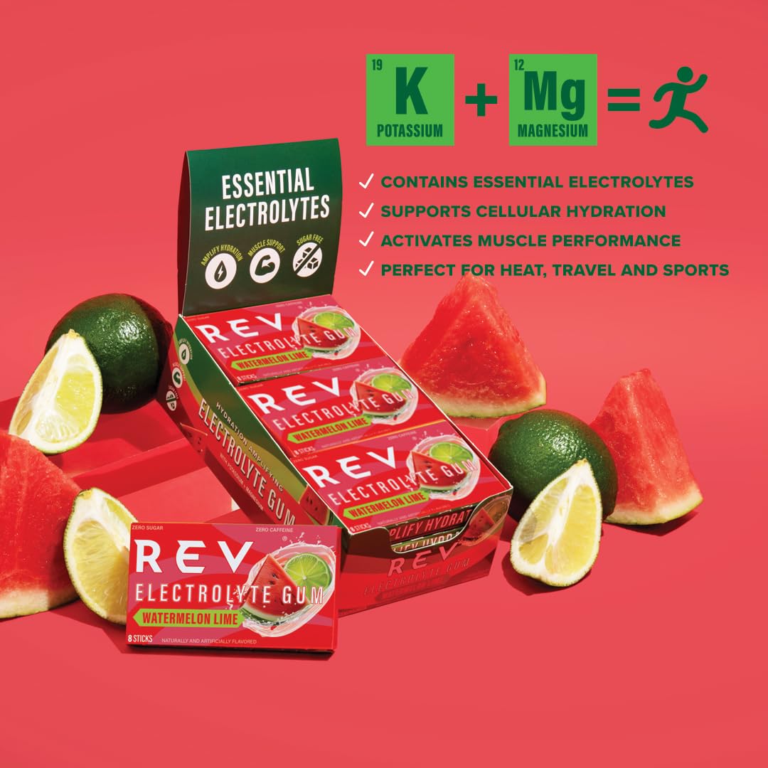 REV Electrolyte Gum Watermelon Lime – Sugar-Free with Essential Electrolytes (12-Count)