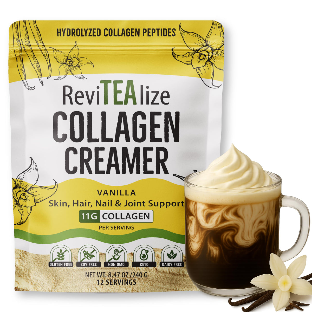 Revitealize Collagen Creamer for Coffee – 11g Protein/Serving, Grass-Fed Collagen + MCT Oil, Vanilla