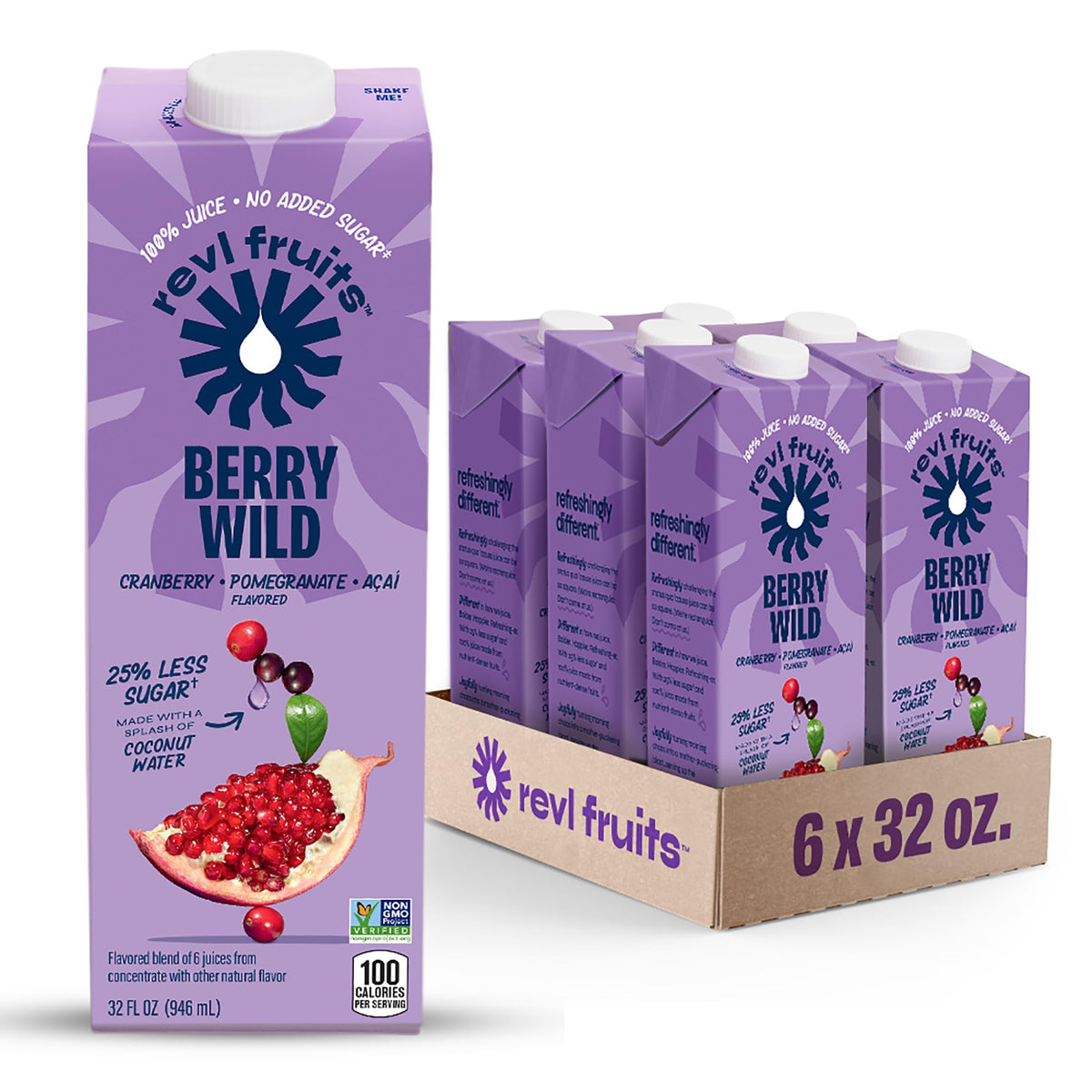 REVL FRUITS Berry Wild 100% Juice – No Added Sugar, Cranberry Pomegranate Acai | Six 32 oz Cartons