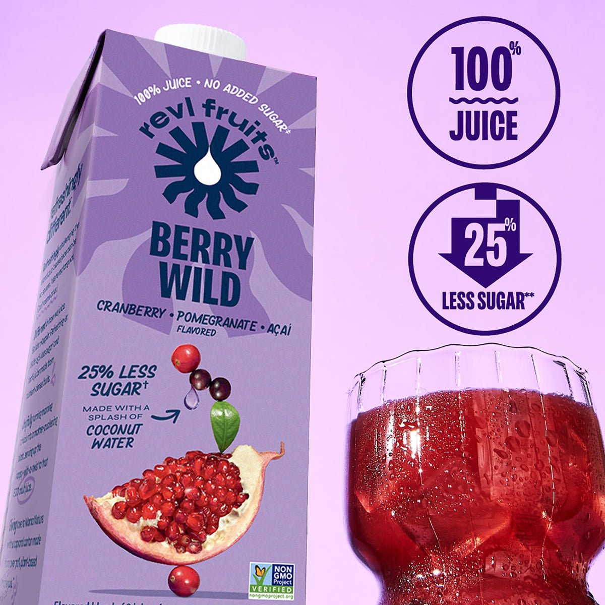REVL FRUITS Berry Wild 100% Juice – No Added Sugar, Cranberry Pomegranate Acai | Six 32 oz Cartons