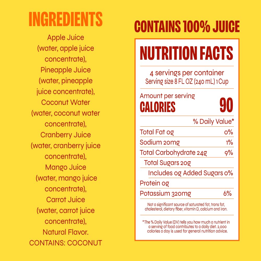 REVL FRUITS 100% Juice Pineapple Mango – Truly Tropical, No Added Sugar, 32 oz Carton Pack of 6