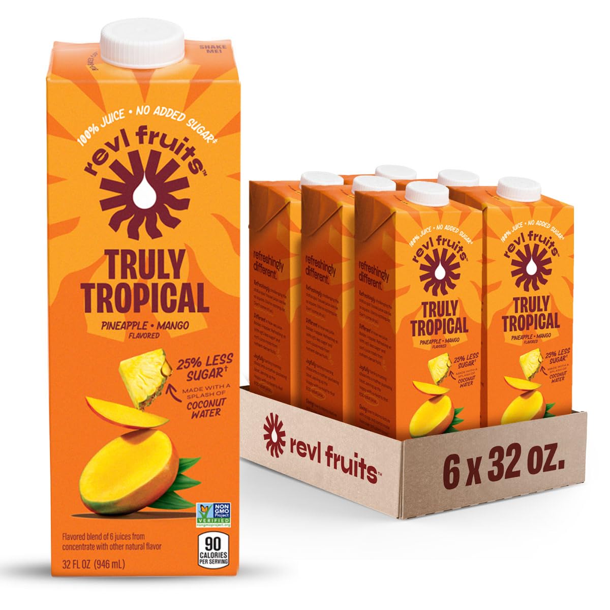 REVL FRUITS 100% Juice Pineapple Mango – Truly Tropical, No Added Sugar, 32 oz Carton Pack of 6