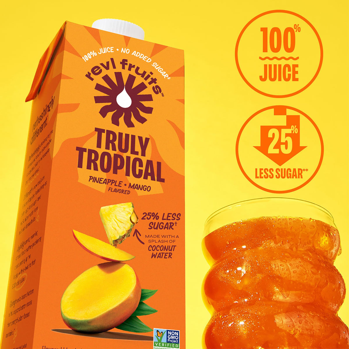 REVL FRUITS 100% Juice Pineapple Mango – Truly Tropical, No Added Sugar, 32 oz Carton Pack of 6