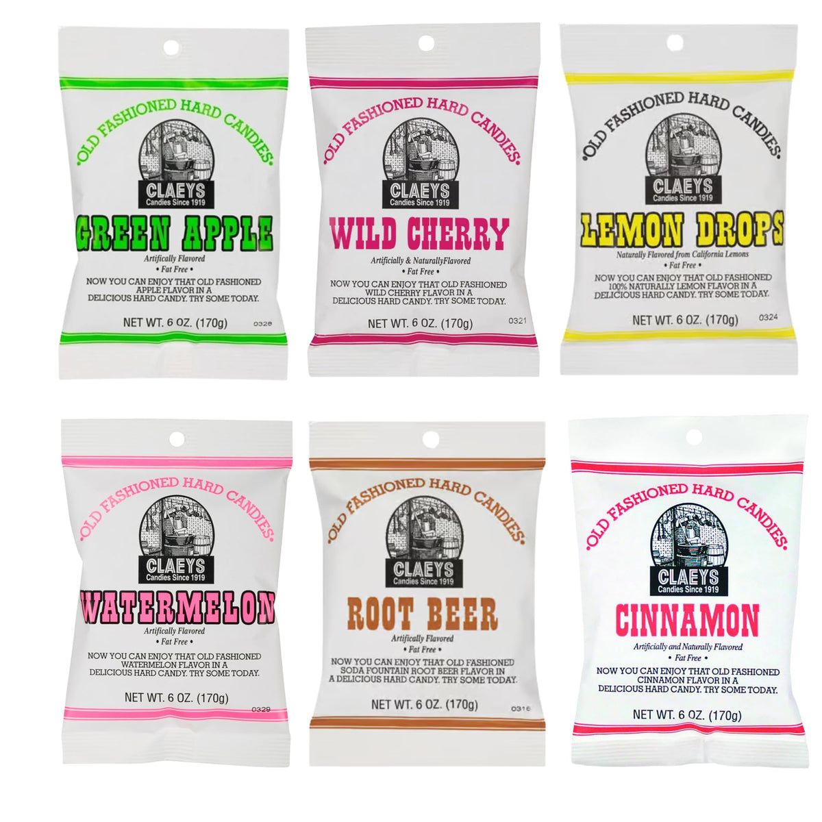 Claeys Old Fashioned Hard Candy Variety 6 Pack | 6 Flavors Since 1919 | Rex