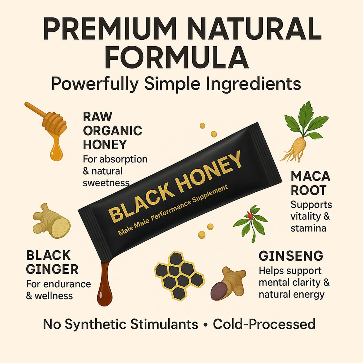 REYUQU Black Honey Sticks – Natural Energy & Vitality with Maca, Ginseng & Black Ginger (10 Travel Sachets)