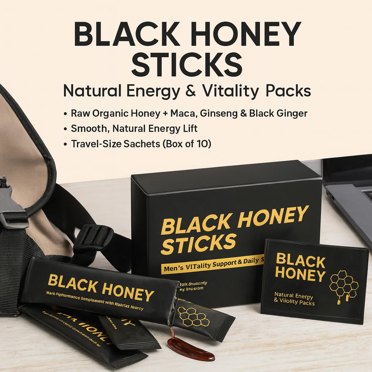 REYUQU Black Honey Sticks – Natural Energy & Vitality with Maca, Ginseng & Black Ginger (10 Travel Sachets)