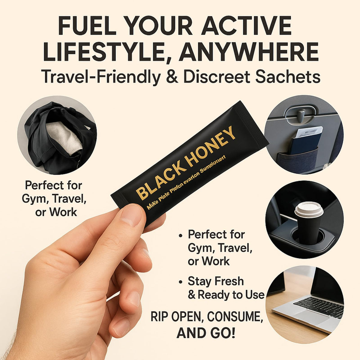 REYUQU Black Honey Sticks – Natural Energy & Vitality with Maca, Ginseng & Black Ginger (10 Travel Sachets)