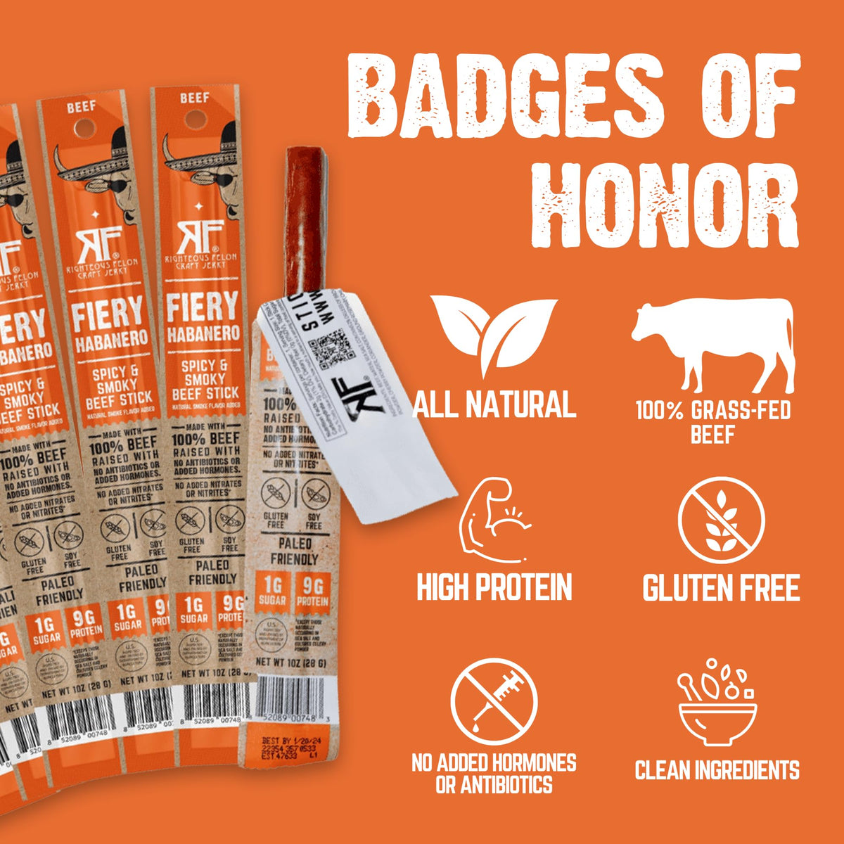 Righteous Felon Fiery Habanero Meat Sticks – 100% Grass-Fed Beef, 9g Protein per Stick, Keto & Gluten-Free (10 Count)