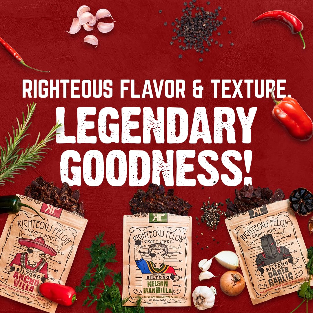 Righteous Felon Biltong Beef Jerky Variety Pack | High-Protein, Keto-Friendly, Low Sugar | 3 Pack