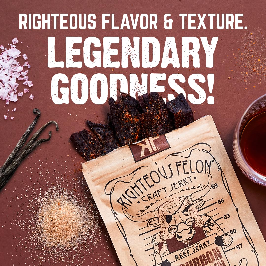 Righteous Felon Bourbon Franklin Beef Jerky - All-Natural, Low-Sugar, High-Protein (3 x 2oz)