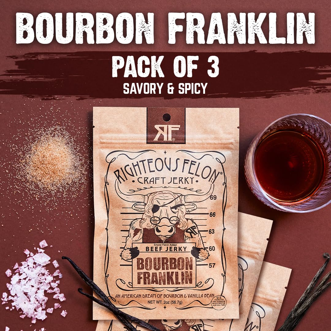Righteous Felon Bourbon Franklin Beef Jerky - All-Natural, Low-Sugar, High-Protein (3 x 2oz)