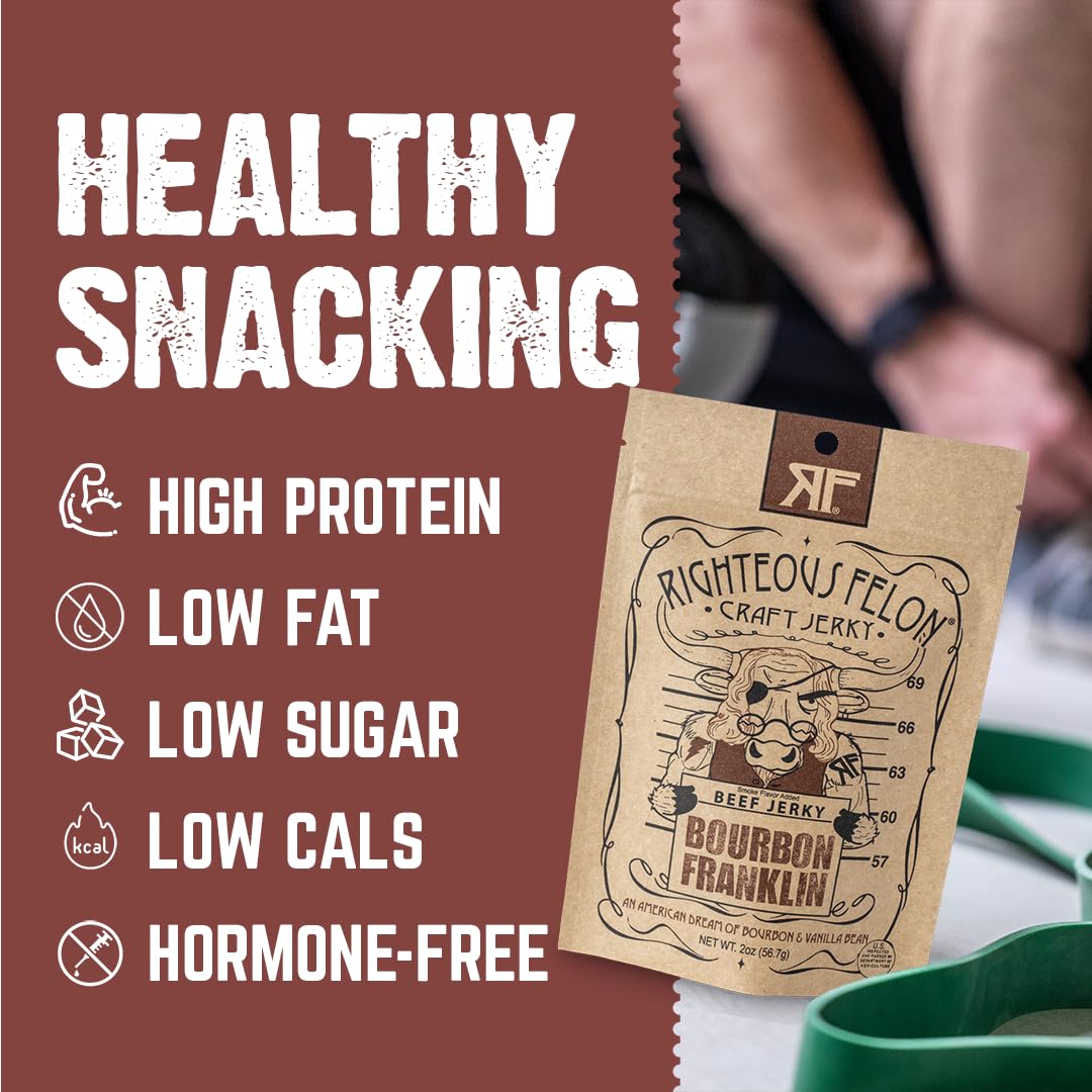 Righteous Felon Bourbon Franklin Beef Jerky - All-Natural, Low-Sugar, High-Protein (3 x 2oz)