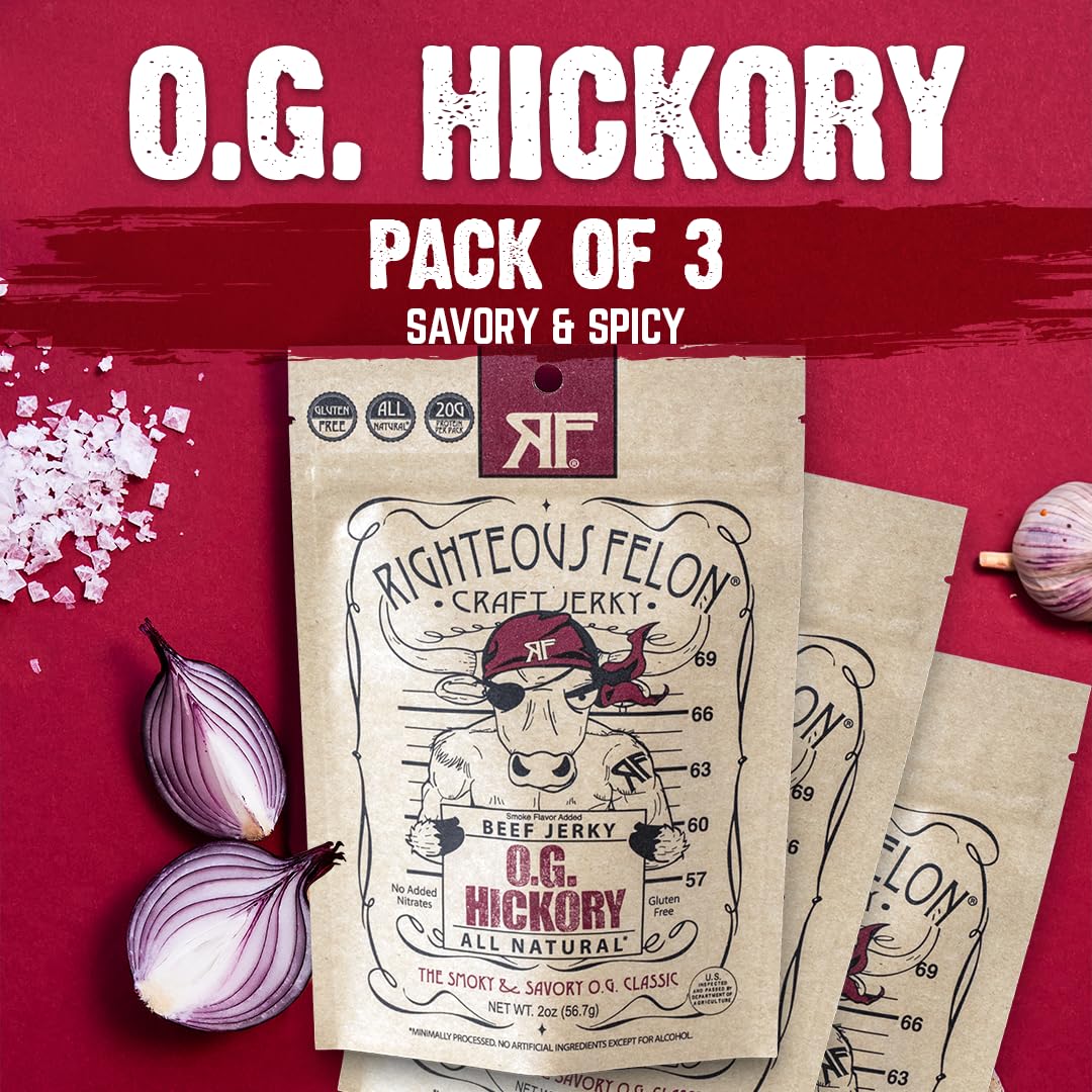 Righteous Felon Beef Jerky OG Hickory – All-Natural, High-Protein Snack (2oz x3)