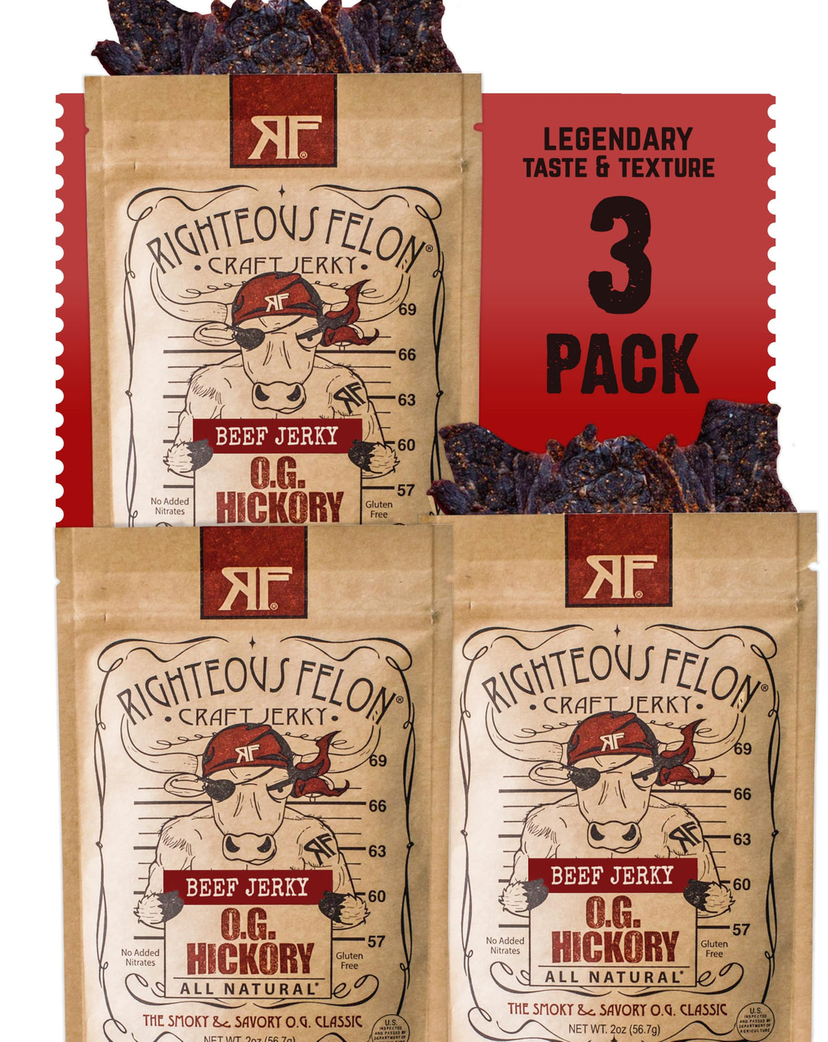 Righteous Felon Beef Jerky OG Hickory – All-Natural, High-Protein Snack (2oz x3)