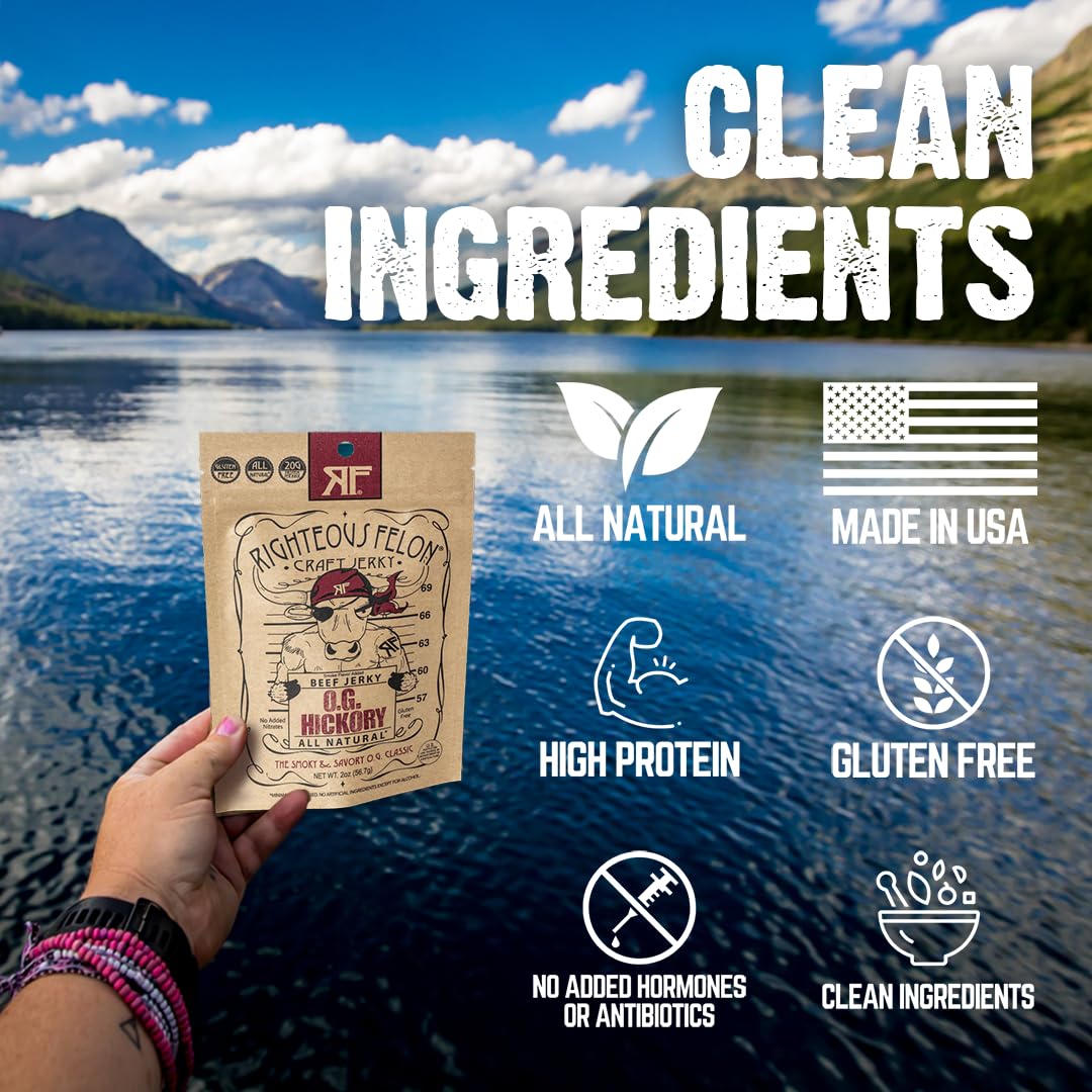 Righteous Felon Beef Jerky OG Hickory – All-Natural, High-Protein Snack (2oz x3)