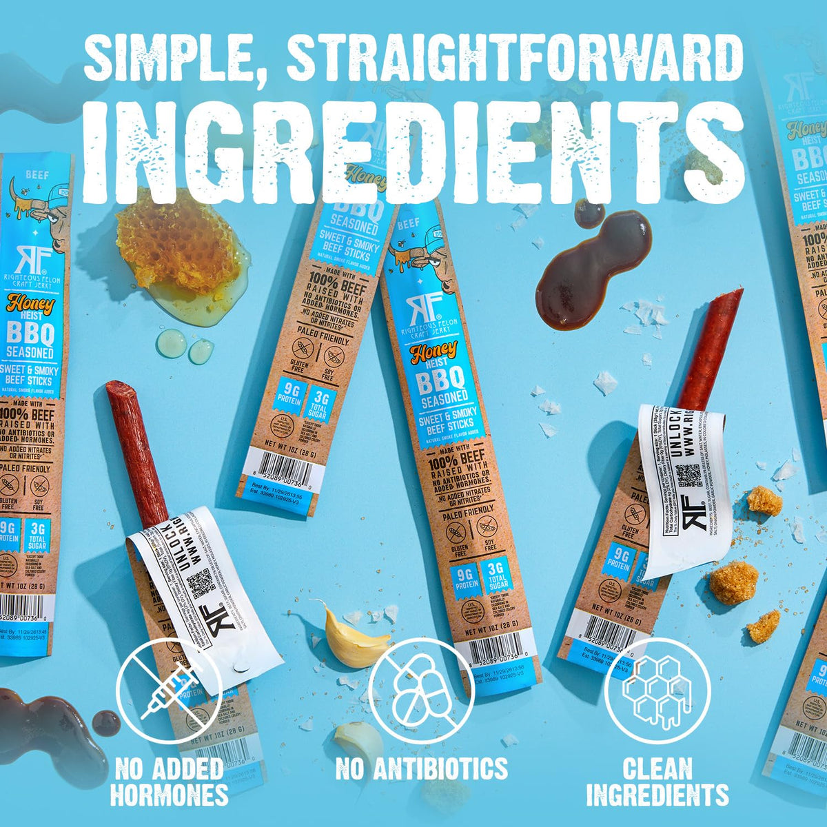 Righteous Felon Meat Sticks – 100% Grass-Fed Beef, 9g Protein per Stick, Honey Heist BBQ | 10 Count